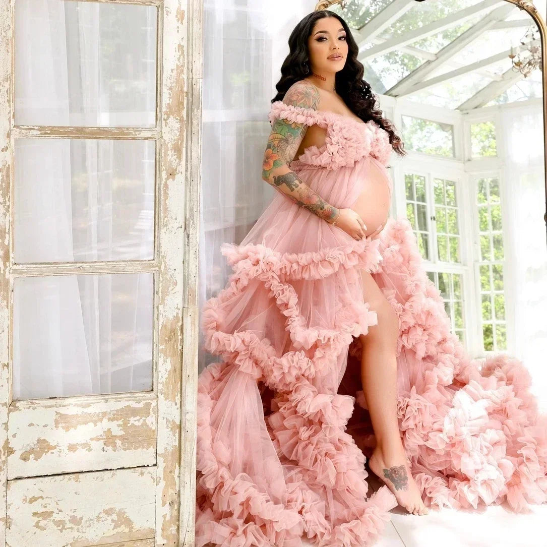 Maternity Dresses Customized Photoshoot Tiered Ruffles Pregnant Women Gowns Baby Shower Off Shoulder Front Slit Bridal Sleepwear Secondary image