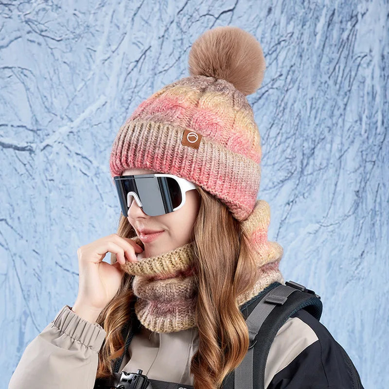 Winter Lady Warm Hat Scarf Two-piece Set Fleece Thickened Gradual Change Color Knitted Skiing Hat Fashion Pullover Hat for Women