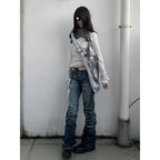 2024 Washed Distressed Micro-flared Jeans for Women Stylish High Street Straight Jeans Harajuku Style Hip Hop Y2k Blue Trousers