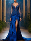 New Luxury Lace Applique Long Sleeve Mermaid V-neck Side Slit Evening Dress Satin Customized PROM Wedding Party Dress 2025