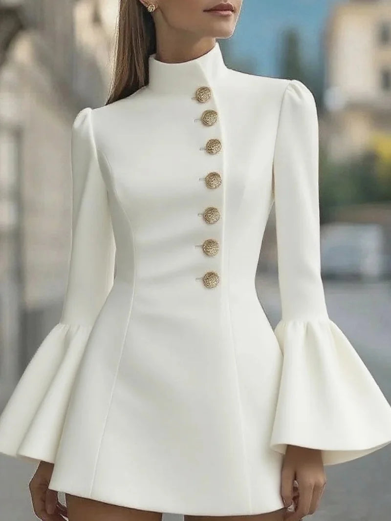 Autumn temperament slim solid colour stand-up collar flared sleeve single-breasted suit dress Main image