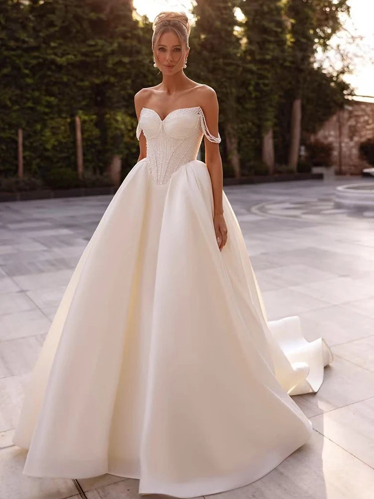 Exquisite Wedding Dress Full Satin With Beading Ball Gown Sleeveless Strapless Customized Bridal Dress Lace Up Vestido De Novia Secondary image