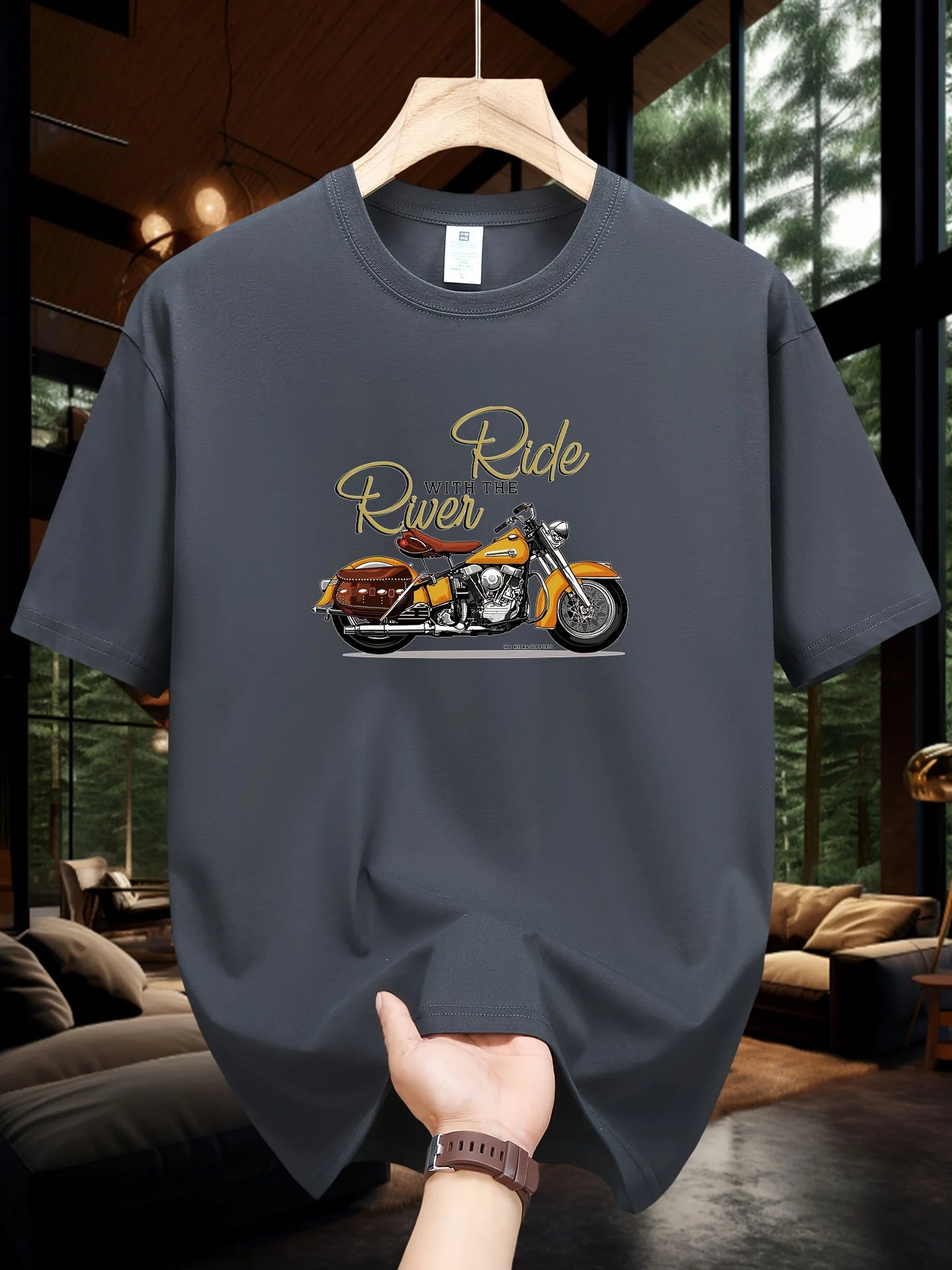 Men's Summer 100 Cotton Fashionable Casual Loose Large Size Classic Motorcycle Pattern Printed Round Neck Short Sleeve T-shirt