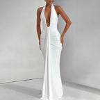 Sexy Deep V-neck Backless Halter Maxi Dresses Women's Sleeveless High Waist Bodycon Pleated Robe 2026 New Evening Party Gown