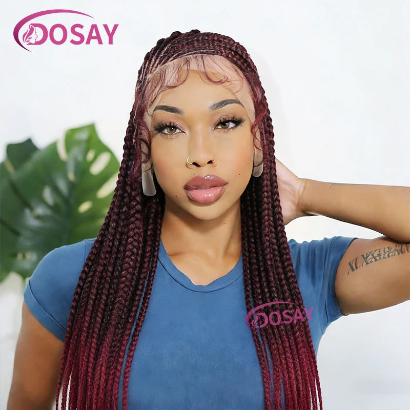36'' Burgundy Full Lace Braided Wigs Synthetic Knotless Cornrow Heart Braid Wig For Women Box Braids Wig