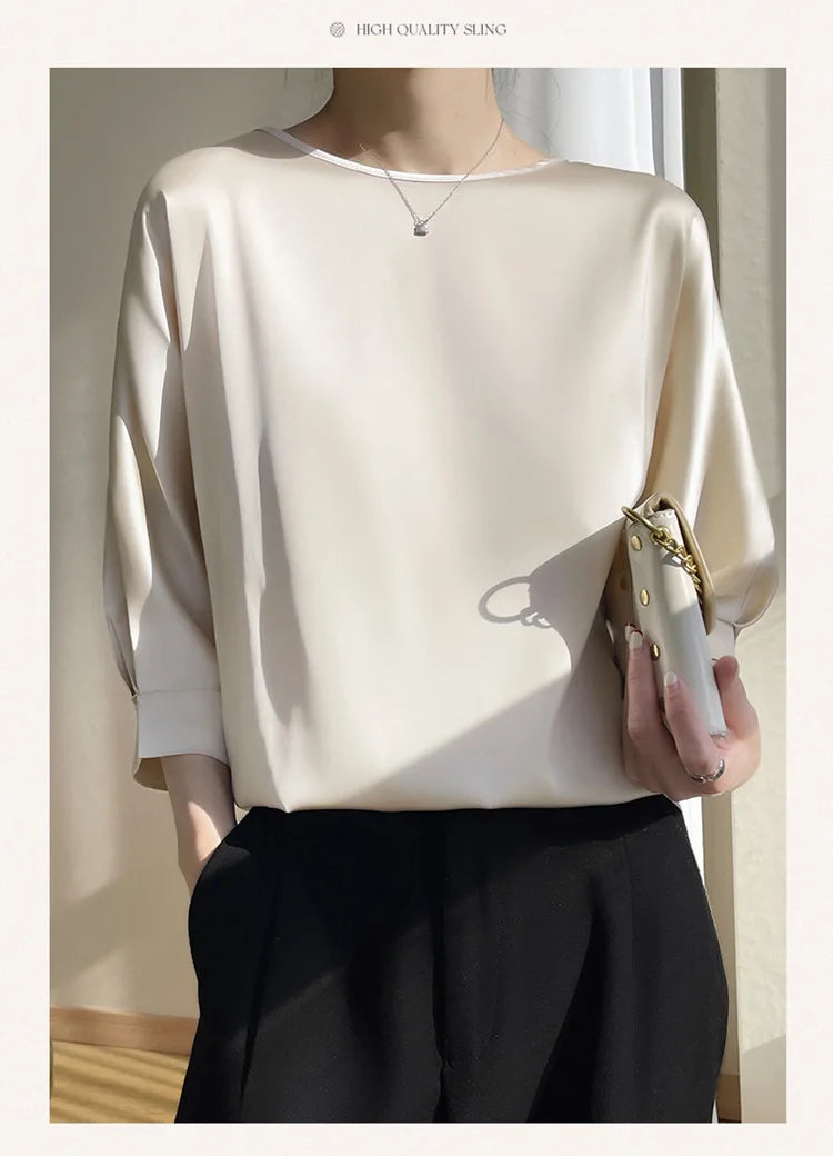 New In Summer Satin Silk Half-Sleeve Tee Tops Basic Solid Women‘s T-Shirt Casual O-neck Thin Shirts Ladies Loose Blouses
