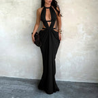 Halter Cut-Out Draped Super-Cut Back Bare Elegant Party Maxi Dress Waistless Backless Sleeveless Khaki Evening Prom Long Dress