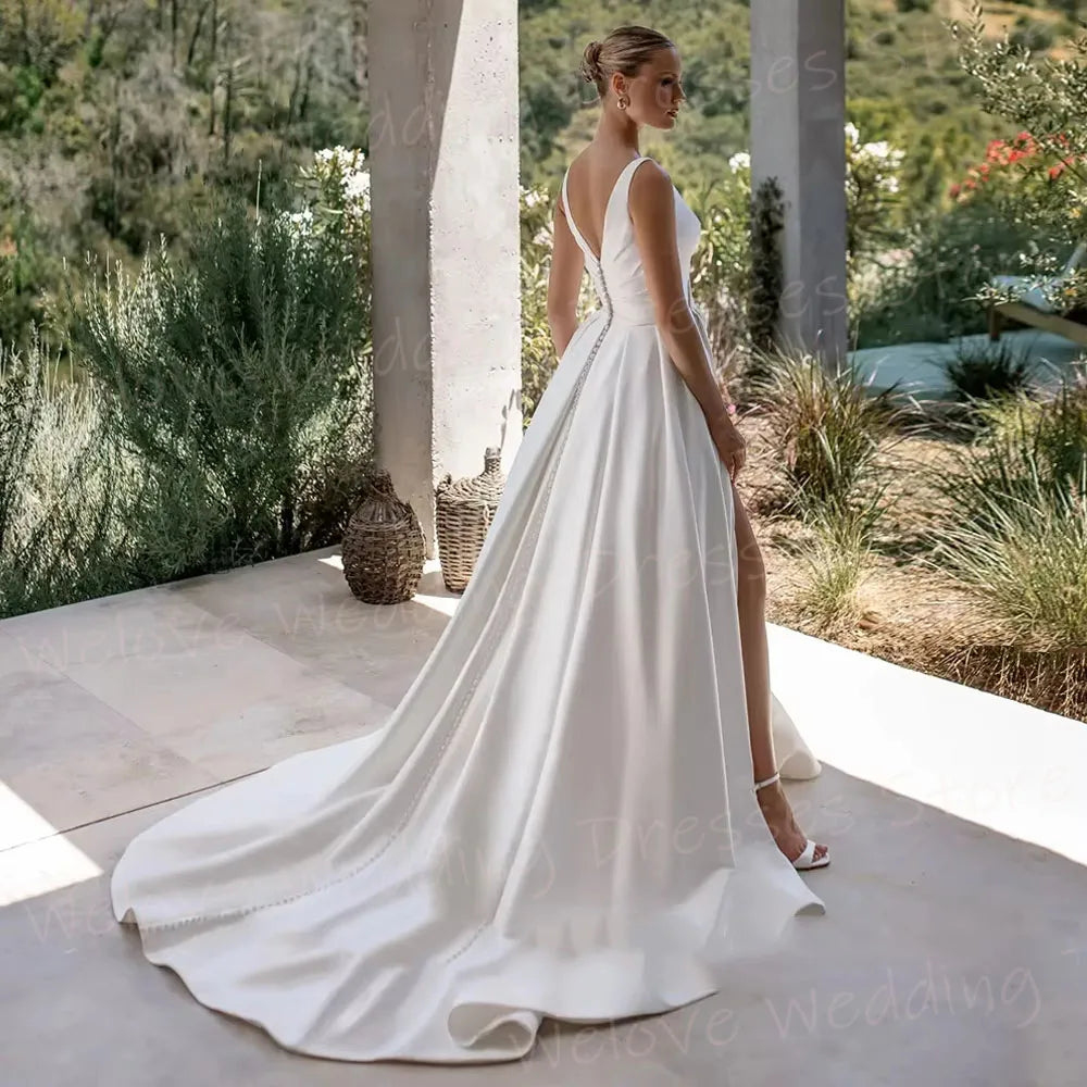 Romantic A Line Women's Wedding Dresses V Neck Sleeveless Backless Robe De Mariée Customized Bride Gowns Slit Vestido De Novia Secondary image
