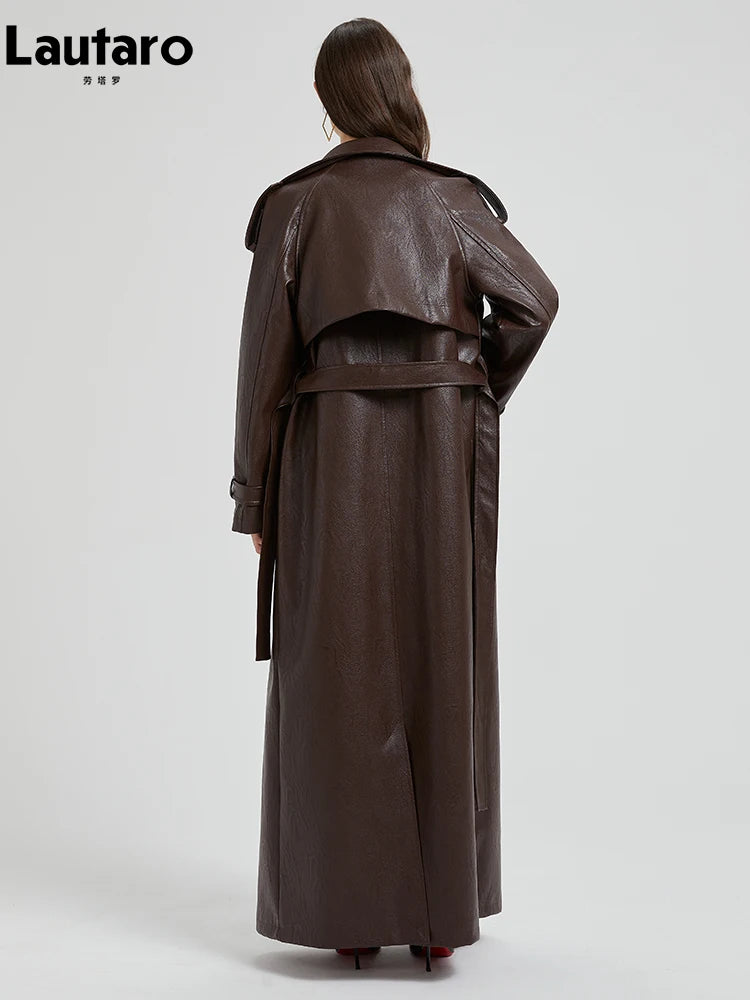 Lautaro Spring Autumn Extra Long Brown Pu Leather Trench Coat for Women Sashes Luxury Chic Overcoat Runway European Fashion 2024 Main image