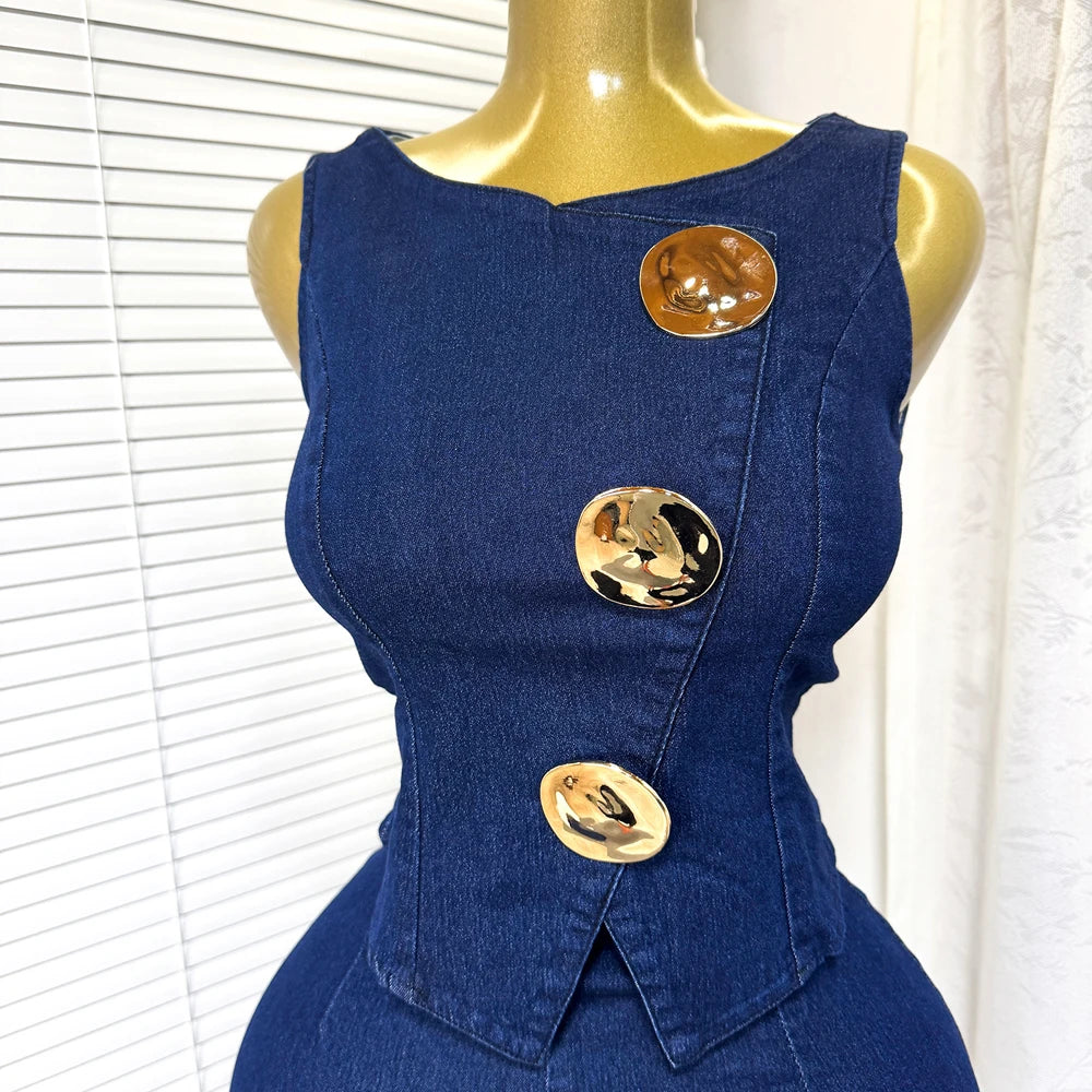 Fashion Denim Women Loungewear Sets Sleeveless Button Tank Tops and Wide Leg Jean Pants Suit 2025/2026 Holiday Outfits 2 Piece Set