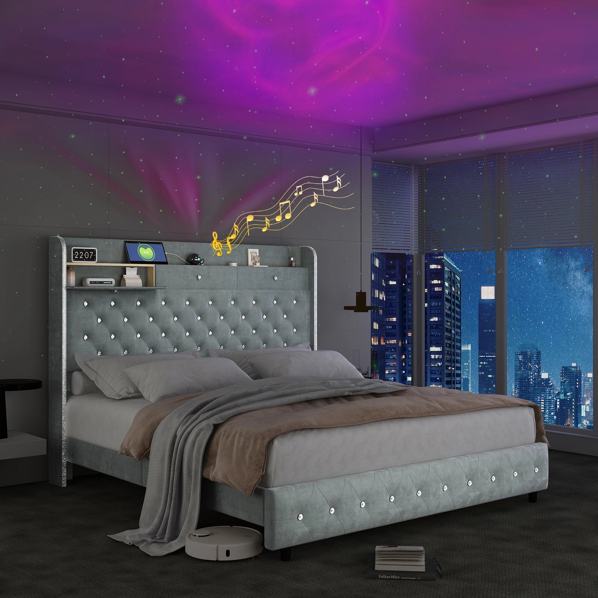 LED Bed Frame with Galaxy Star Projector, Platform Bed with Charging Station, 52" Wingback Storage Headboard, No Box Spring Main image