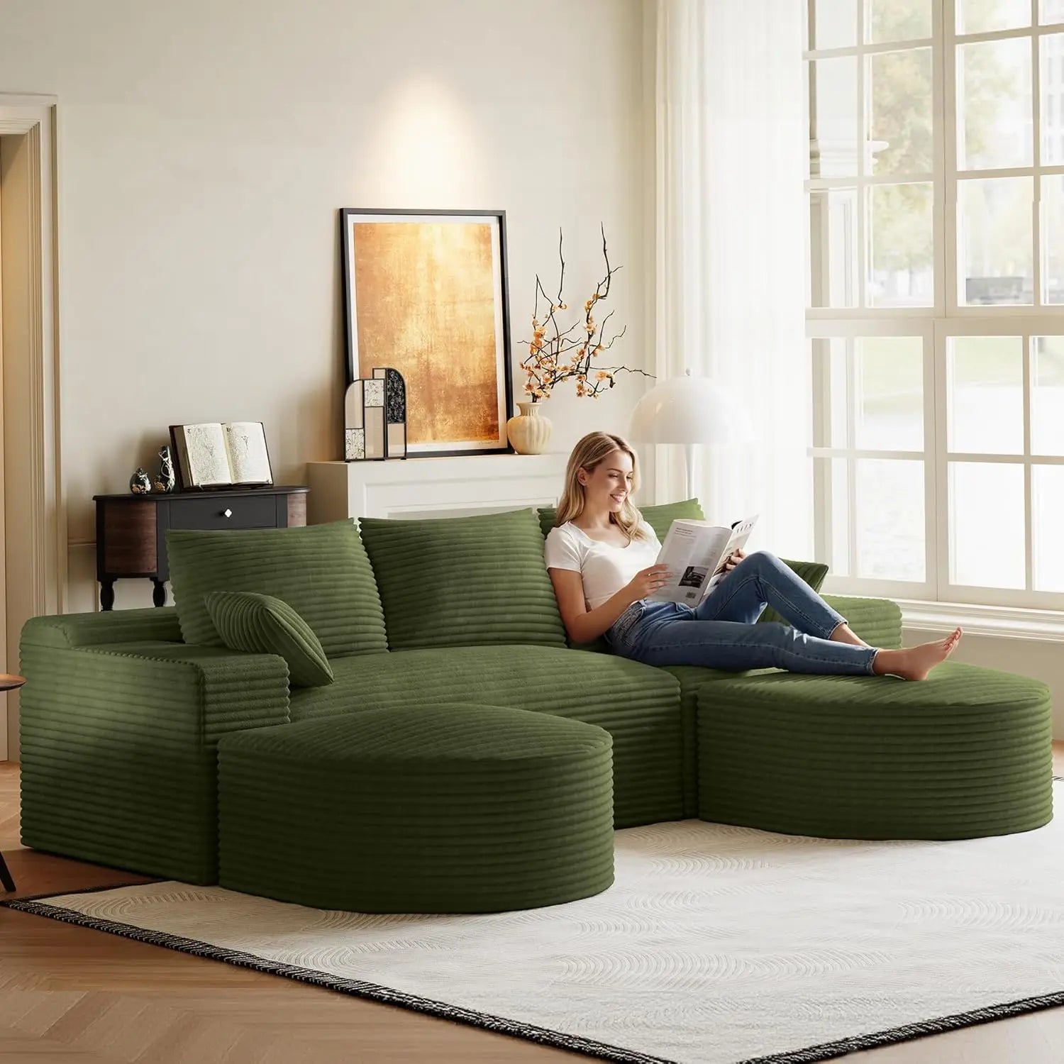 108in U-Shape Modular Sectional Sofa Deep Seat Corduroy Oversize Ottoman Cloud Couch Small Apartment Green Custom Secondary image