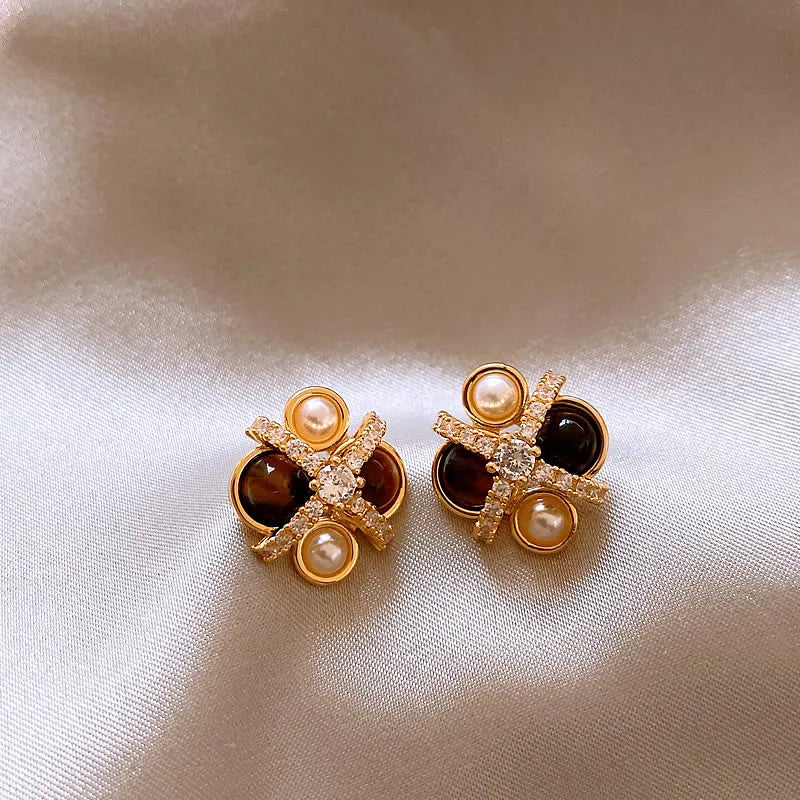 2026 New Design Natural Tiger Eye Stone Micro inlaid Zircon Geometric Earrings for Women's Trendy Jewelry Luxury Accessories