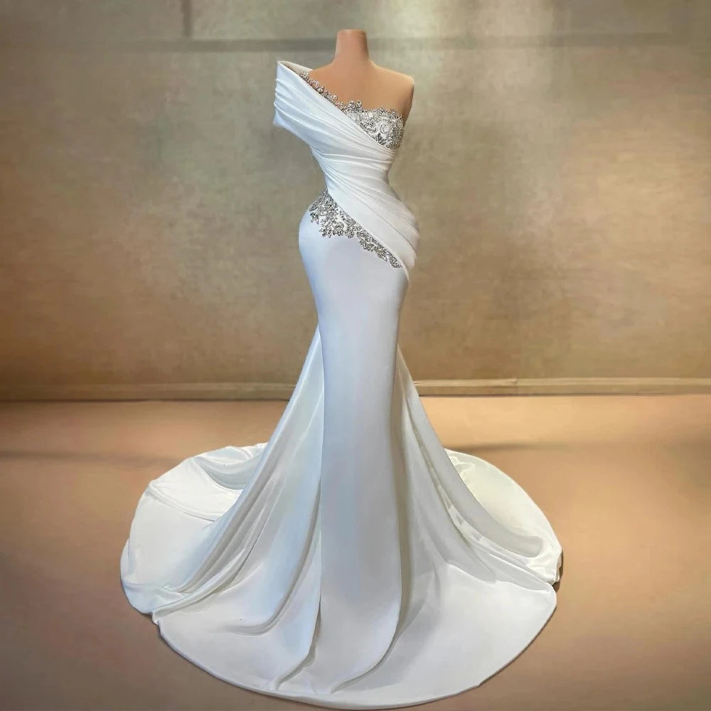 High Quality Elegant Celebrity Dresses One-Shoulder Diamond Sleeveless Trumpet Satin Pleat Engagement Robes De Soiree Customized