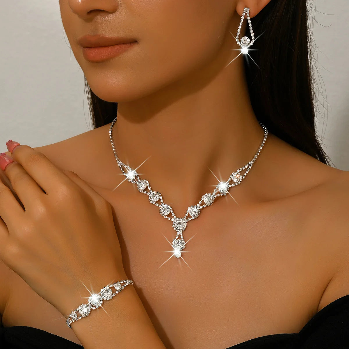 4PCS Fashion Elegant Crystal Jewelry Sets for Women Rhinestones Necklace Ring Earrings Bridal Wedding Party Jewelry Sets Main image