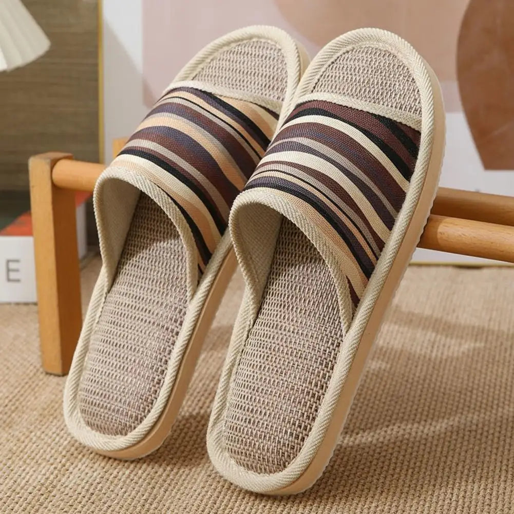 Striped Linen Open Toe Slippers Breathable Indoor House Slippers Anti Slip EVA Sole Lightweight Casual Home Slides For Men Women