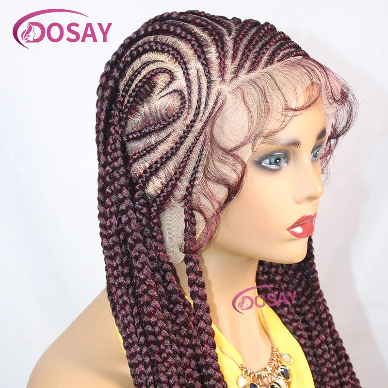 36'' Burgundy Full Lace Braided Wigs Synthetic Knotless Cornrow Heart Braid Wig For Women Box Braids Wig