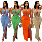 Women's Hollow Out Sleeveless Sexy Knitted Halter Neck Backless Solid Color Dress for Summer 2025