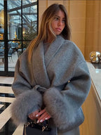 Elegant Lace Up Woolen Short Coat Solid Loose Lapel Furry Belt Long Sleeve Jacket Female 2025 Autumn Winter Lady Chic Cardigan