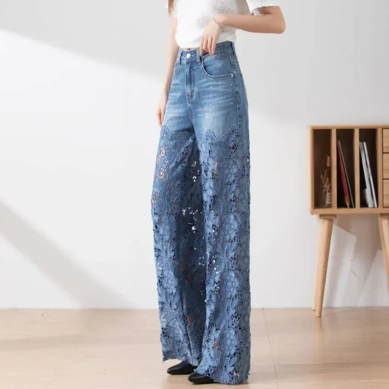 Jeans for Women High Waist Lace Patchwork Pantalones Hollow Out Oversized Spring Casual Loose All Match Pants Fashion Elegant