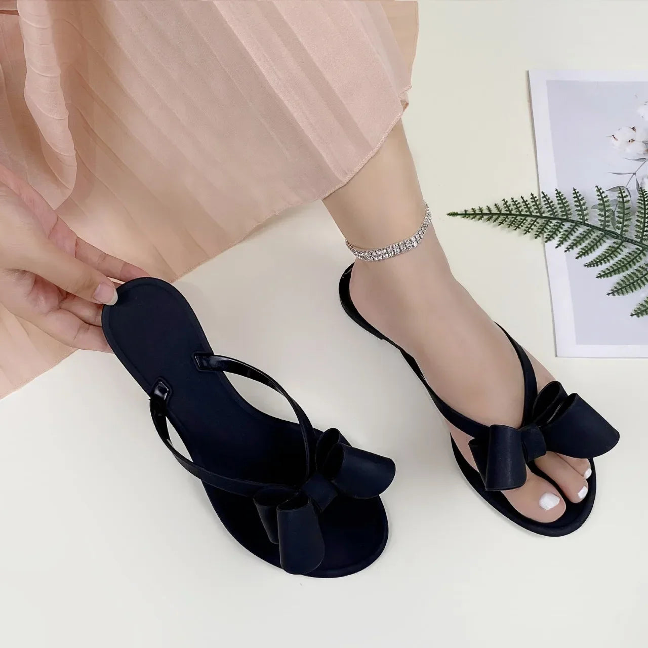 EOFK Summer Jelly Slippers Women Butterfly PVC Sweet Beach Pull On Flat Solid Ladies Versatile Fashion Anti slip Slippers