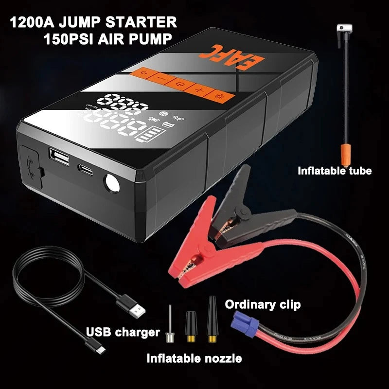 EAFC 1200A Smart Car Jump Starter with 150PSI Air Pump -8000mAh Power Bank  LED Light Smart Inflate for Cars Motorcycles Trucks