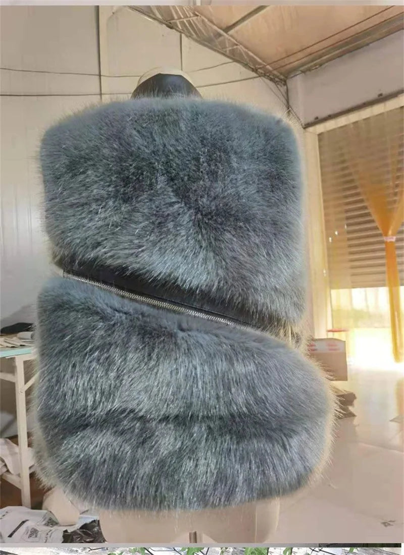 Autumn Winter Splicing Imitation Fox Fur Grass Vest Women Short Jacket 2025New Fashion Versatile Sleeveless Lady Waistcoat Coat