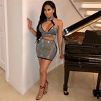 Sparkly Rhinestones Party Club Birthday Outfits for Women Two Piece Set Halter V-neck Crop Top and Mini Skirt Matching Sets