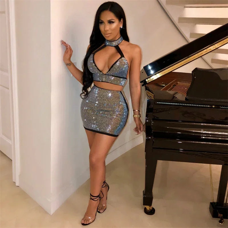 Sparkly Rhinestones Party Club Birthday Outfits for Women Two Piece Set Halter V-neck Crop Top and Mini Skirt Matching Sets