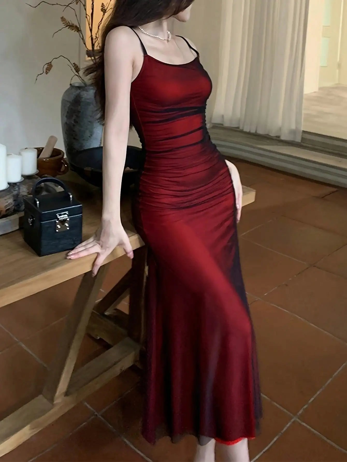 Elegant Camisole Red off Shoulder Sleeveless Pleated Skirt for Women's Slim fit Long Dress summer beach vacation party dress Main image