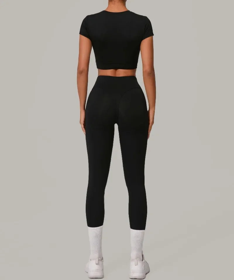 Gym Workout Yoga Fitness Sports Suit Short-sleeved Top Padded-free High-waisted Hip-lifting Trousers Outdoors Leisure Sportswear