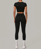 Gym Workout Yoga Fitness Sports Suit Short-sleeved Top Padded-free High-waisted Hip-lifting Trousers Outdoors Leisure Sportswear