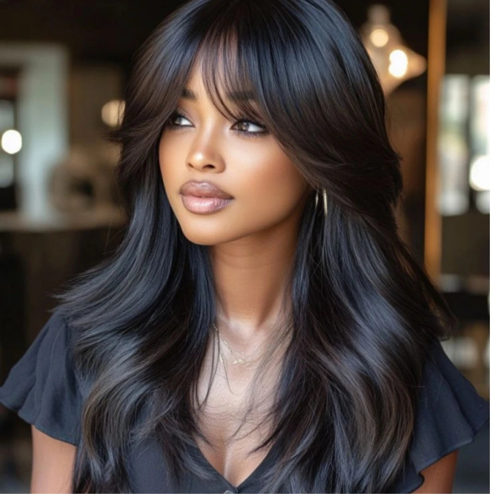 FUGANGXIU-12A Body Wave Human Hair Wig With Bang Full Machine Made Glueless Wear And Go Brazilian Virgin Hair Natural Color Secondary image