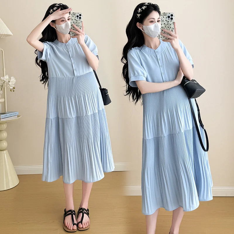 I79359# Pregnant Womens Clothing Cakedress Simple Loose Elegant Summer New Arrival Women Pregnant Mid-Long Maternity Dresses Secondary image