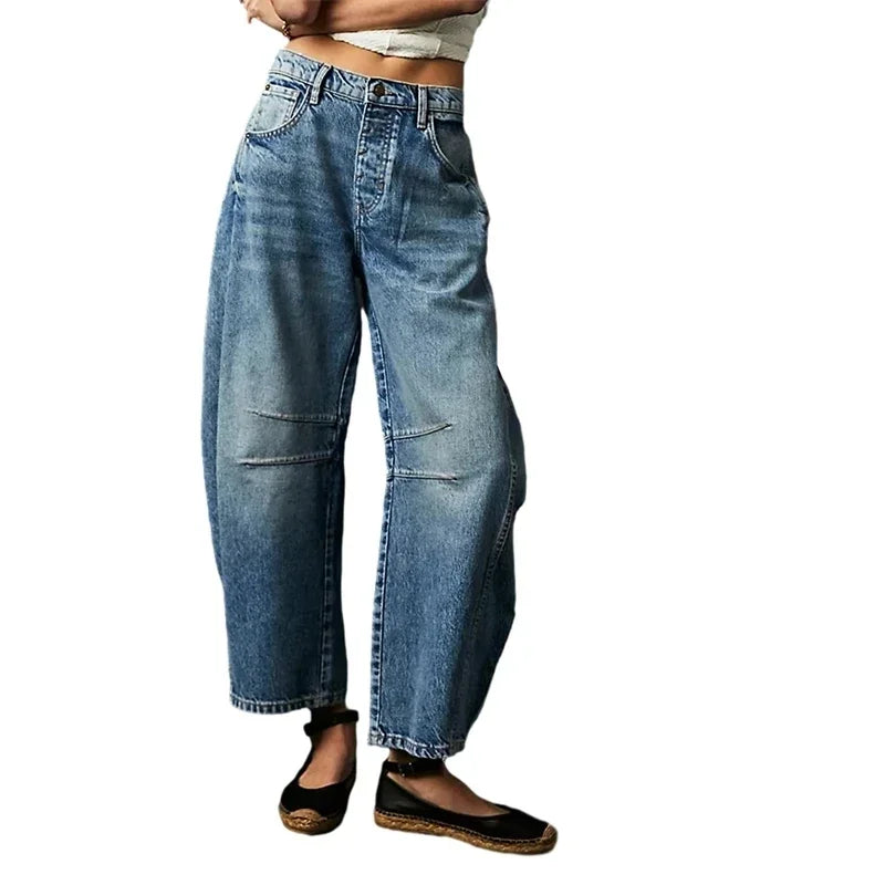 High Stretch Mid-Rise  Jeans Fashion Wide Leg Shape Women Casual Baggy Mid Waist Denim Jeans