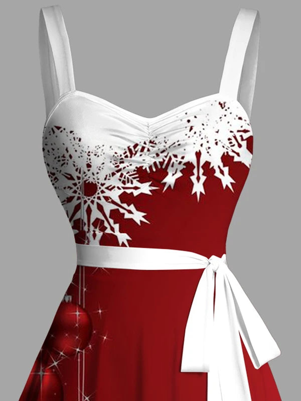 Dressfo Women's Christmas Dresses Sweetheart Neck Snowflake Bell Contrast Print Ruched Bust Tank Belt Festival Dress Vestidos