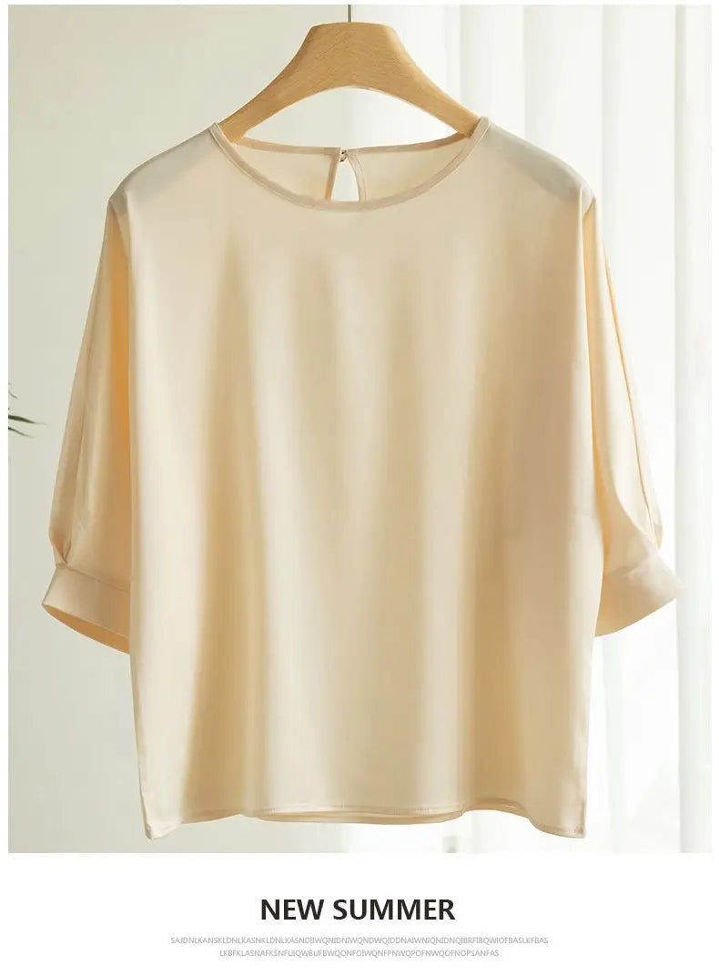 New In Summer Satin Silk Half-Sleeve Tee Tops Basic Solid Women‘s T-Shirt Casual O-neck Thin Shirts Ladies Loose Blouses