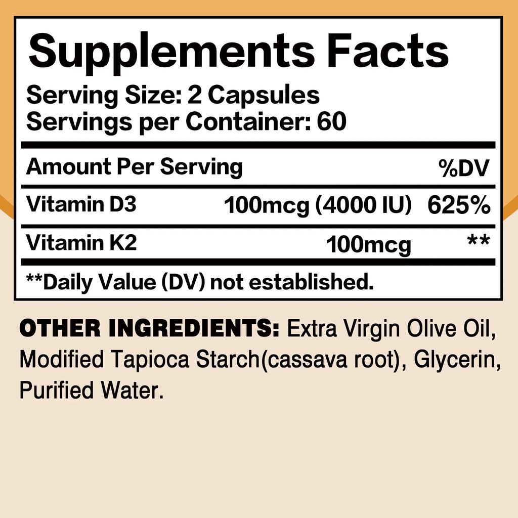 Vitamin D3 + K2 - Promote Calcium Absorption for Strong Bone, Joint, Skin, Immune, Vision and Heart Health - 120 Capsules