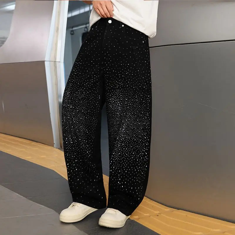 Spring/Summer Rhinestone Straight Leg Jeans Retro Loose Fit Slimming Pants Casual Korean Style Long Pants