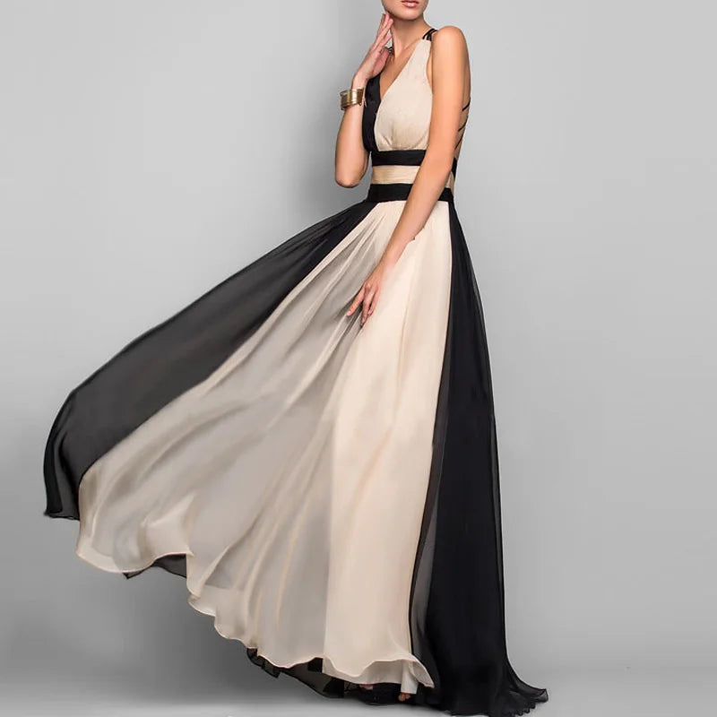 Party Dress Lady Chic Sleeveless Pleated Long Dress Elegant High Waist Evening Maxi Dress Women Fashion Gradient Patchwork Black