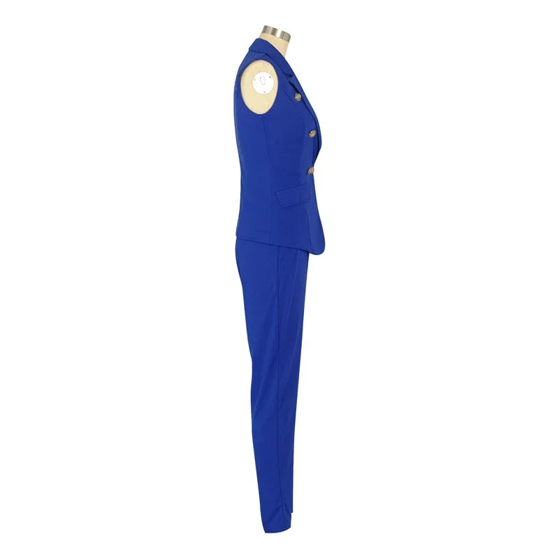 Business OL Work Wear Two Piece Pant Suits for Women Set Elegant Sleeveless Blazer Top + Pencil Pants Office Lady Matching Sets