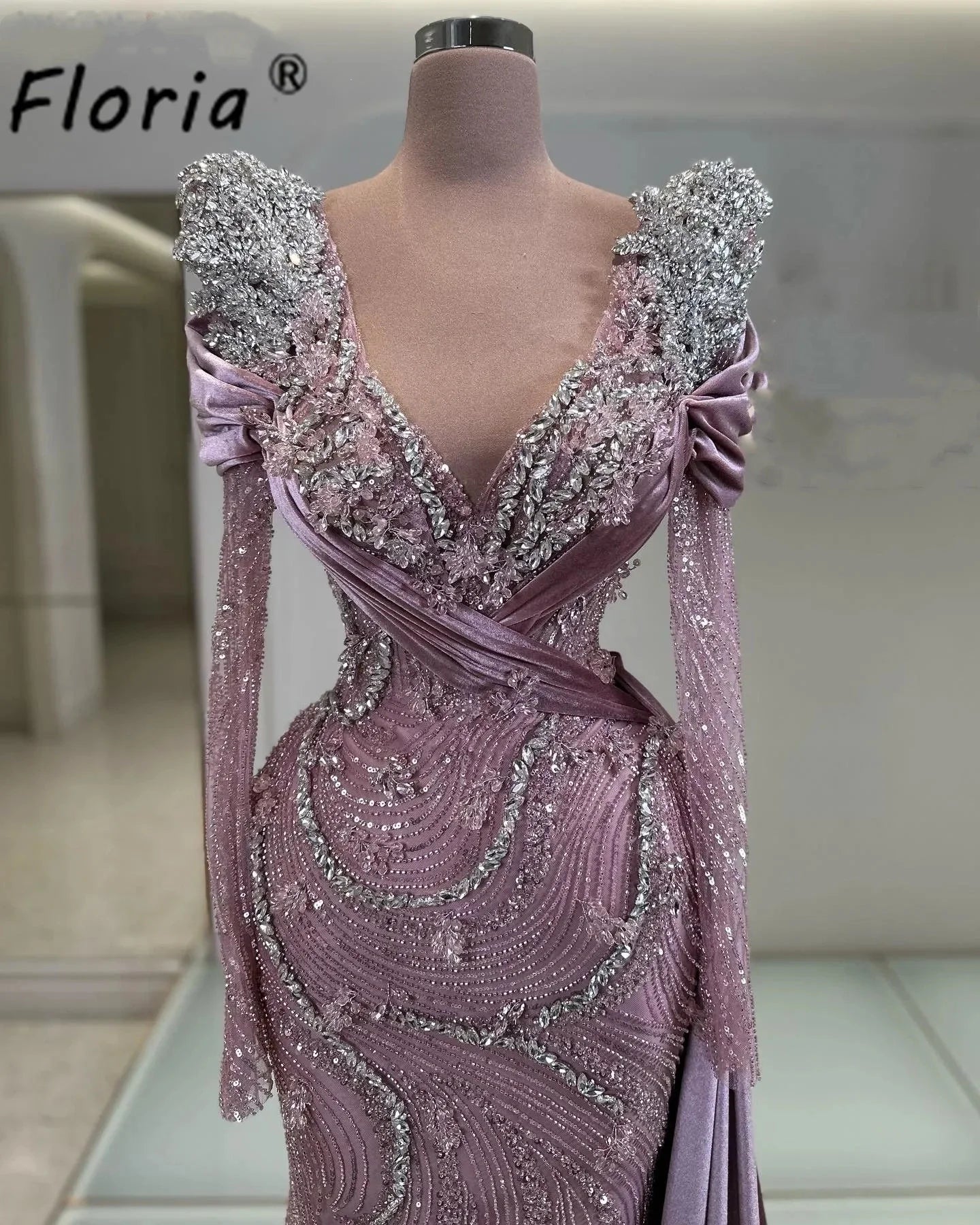 Modest Pink Evening Wedding Dresses Arabia Beaded Crystal Mermaid Prom Gowns Customized Formal Dress Elegant Gala Robe Soiree Secondary image