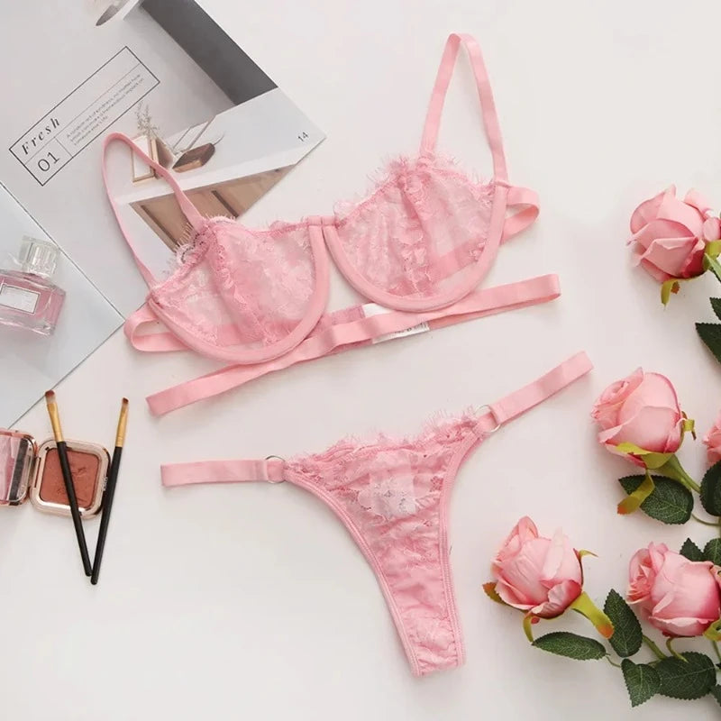 Sexy Lingerie Woman Lace Transparent Underwear Fairy Embroidery Brief Sets Delicate Bra Kit Push Up Breves Sets Thin Erotic Bras Main image