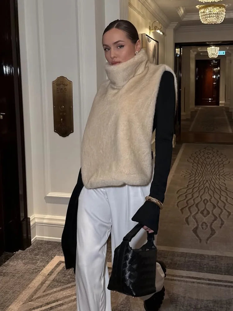 Solid Faux Fur Vest Crop Top Women Fashion Turtleneck Fluffy Short Tank Tops 2025 Winter Female Elegant Sleeveless Jacket Coat