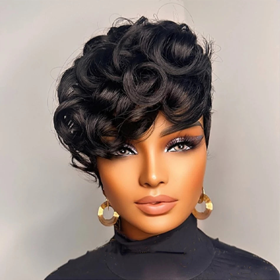 1B# Pixie Cut Human Hair Wig for Women 6" Layered Short Loose Curly with Bangs 180% Density Remy Brazilian Hair Machine Made Cap Main image