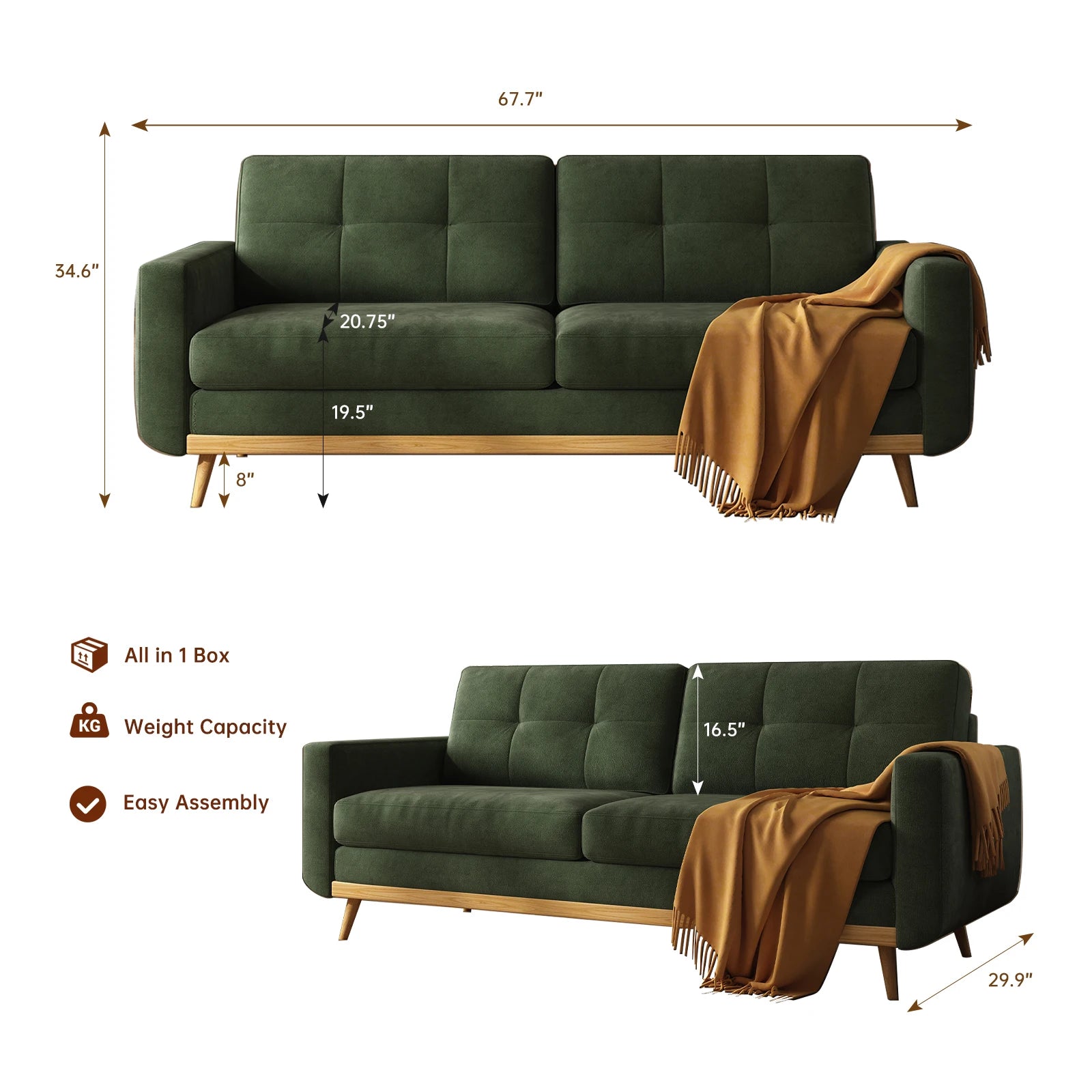 67.7-inch Mid-Century Modern Loveseat Sofa with Wooden Legs  for Living Room, Bedroom, or Office Secondary image