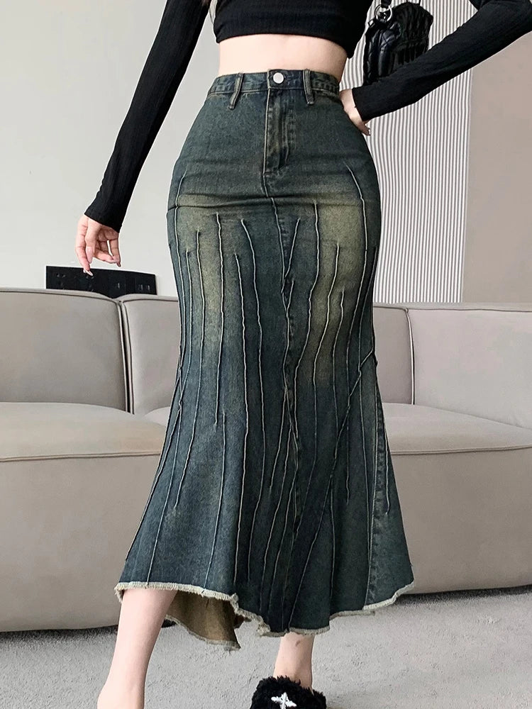 Vintage Ripped Women Mermaid Skirt 2026 New Fashion Y2K Streetwear Jeans Skirts Female Retro Casual Irregular Hip Skirts Denim