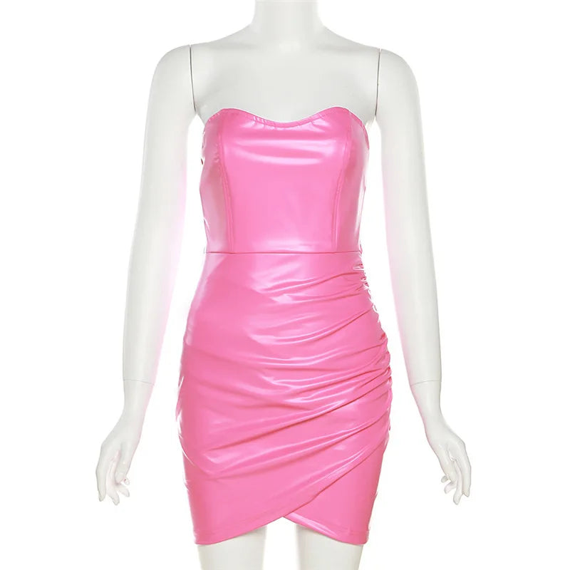 Hot Summer PU Faux Leather Strapless Bodycon Dress Women Sexy Solid Mini Sheath Folds Dresses Night Party Clubwear