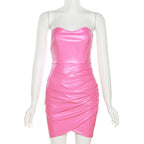 Hot Summer PU Faux Leather Strapless Bodycon Dress Women Sexy Solid Mini Sheath Folds Dresses Night Party Clubwear
