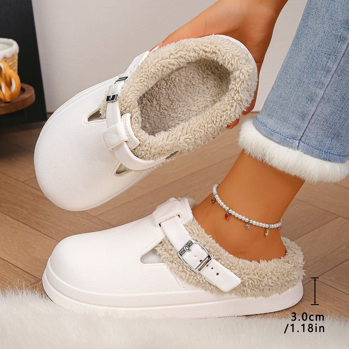 Waterproof Eva Furry Mules Slippers Women 2025 Winter Metal Buckle Warm Plush Slippers Soft Thick Bottom Non Slip Indoor Slides Main image